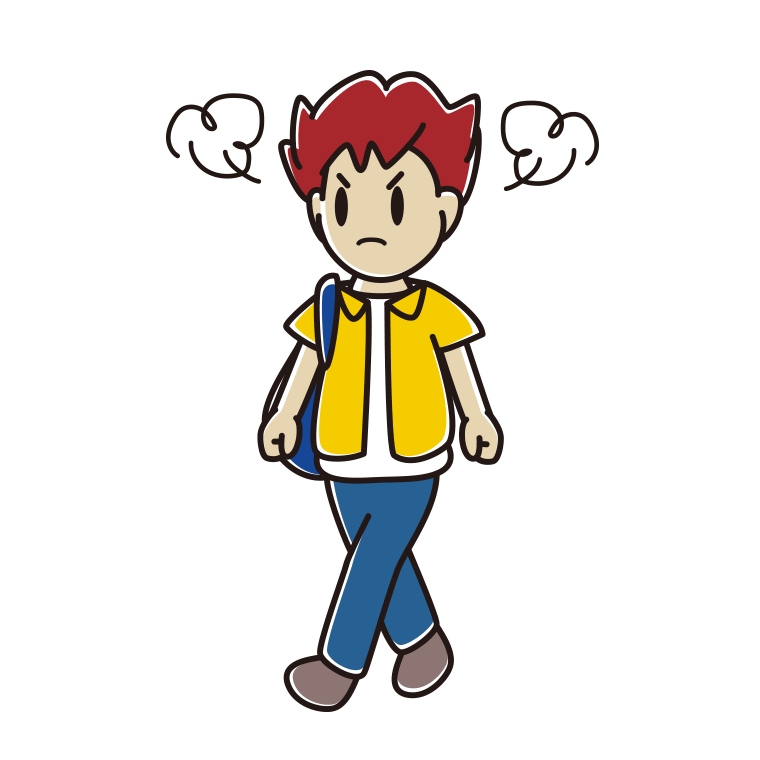 怒りながら通学する男子大学生のイラスト【色あり、背景なし】透過PNG