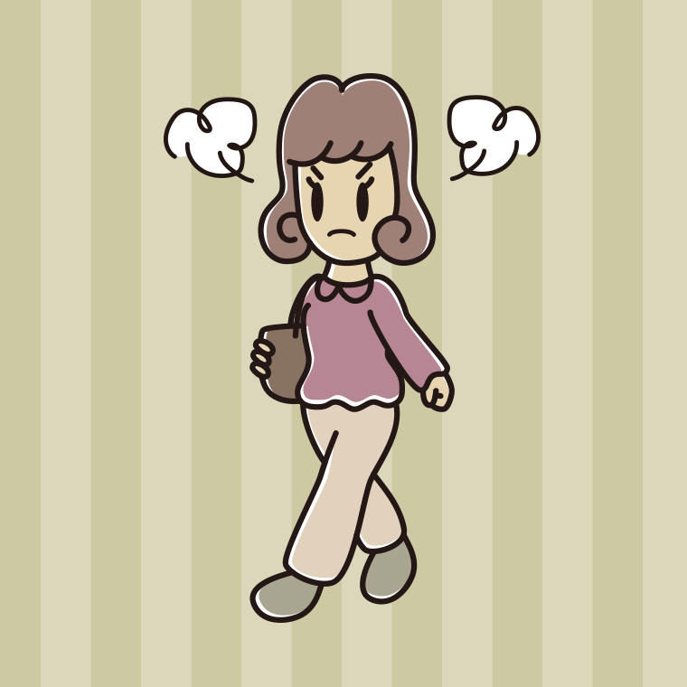 怒りながら通学する女子大学生のイラスト【色、背景あり】PNG