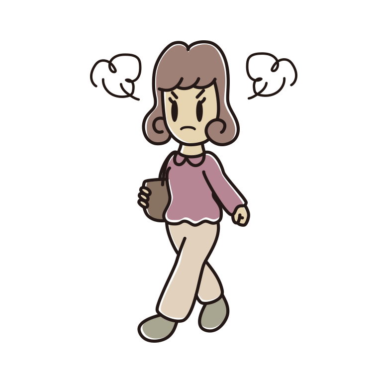 怒りながら通学する女子大学生のイラスト【色あり、背景なし】透過PNG