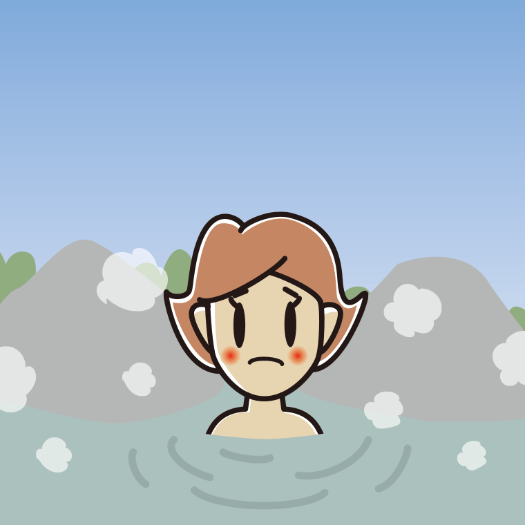 温泉で困る女性のイラスト【色、背景あり】PNG