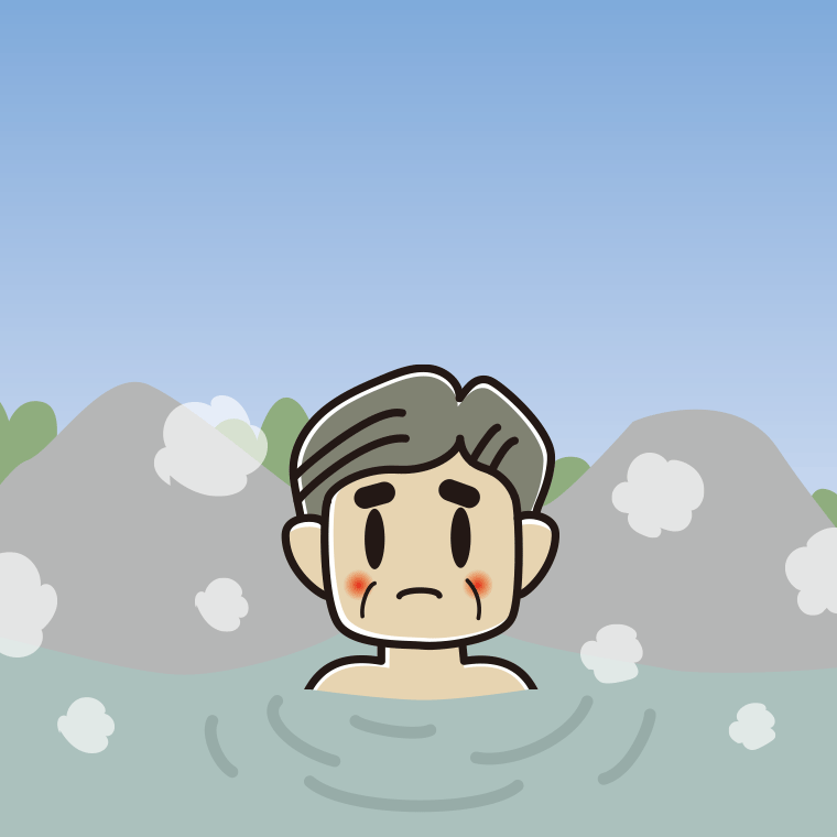 温泉で困るおじさんのイラスト【色、背景あり】PNG