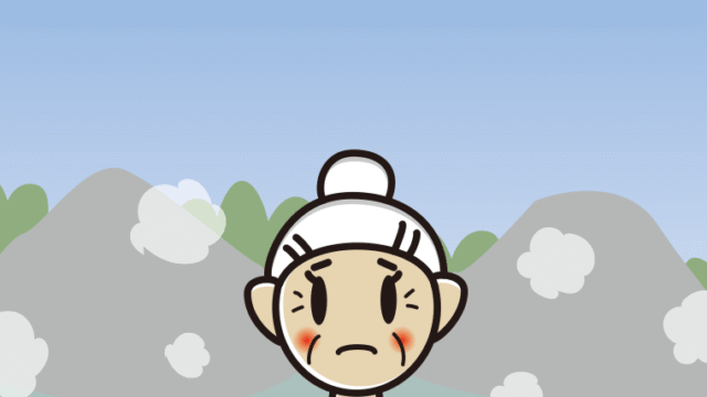 温泉で困るおばあさんのイラスト【色、背景あり】PNG