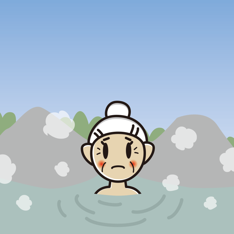 温泉で困るおばあさんのイラスト【色、背景あり】PNG