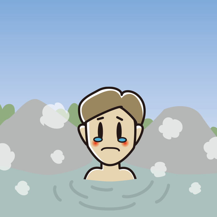 温泉で泣く男性のイラスト【色、背景あり】PNG
