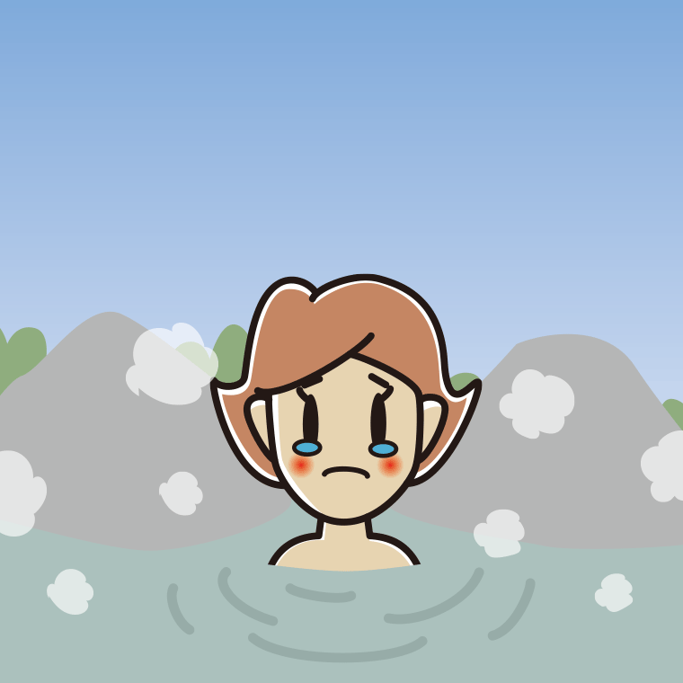 温泉で泣く女性のイラスト【色、背景あり】PNG