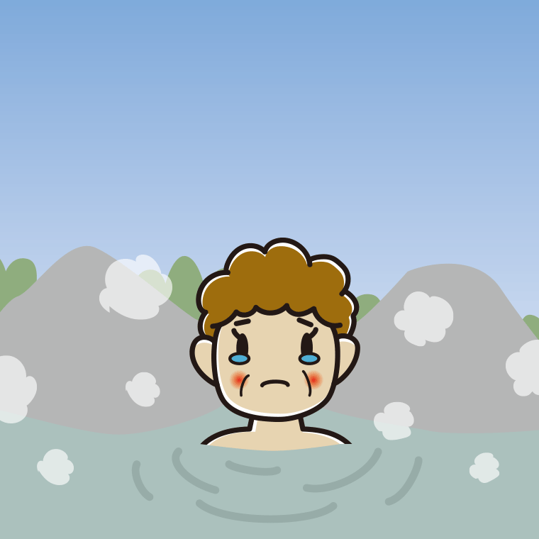 温泉で泣くおばさんのイラスト【色、背景あり】PNG