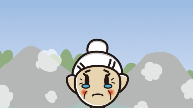 温泉で泣くおばあさんのイラスト【色、背景あり】PNG
