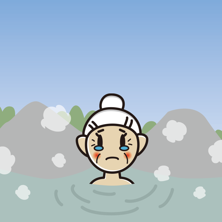 温泉で泣くおばあさんのイラスト【色、背景あり】PNG