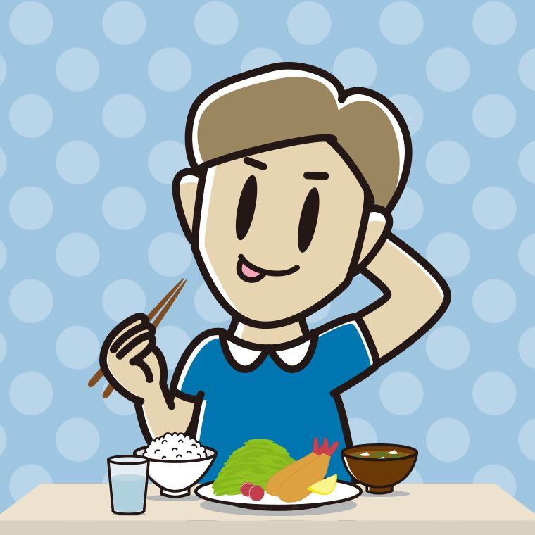 食事中にテヘヘな男性のイラスト【色、背景あり】PNG