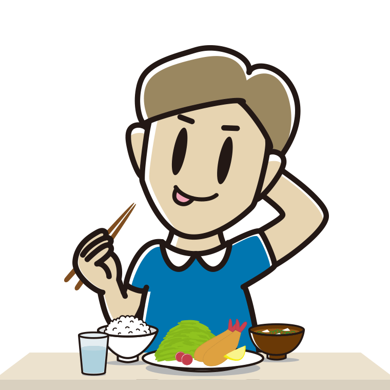 食事中にテヘヘな男性のイラスト【色あり、背景なし】透過PNG