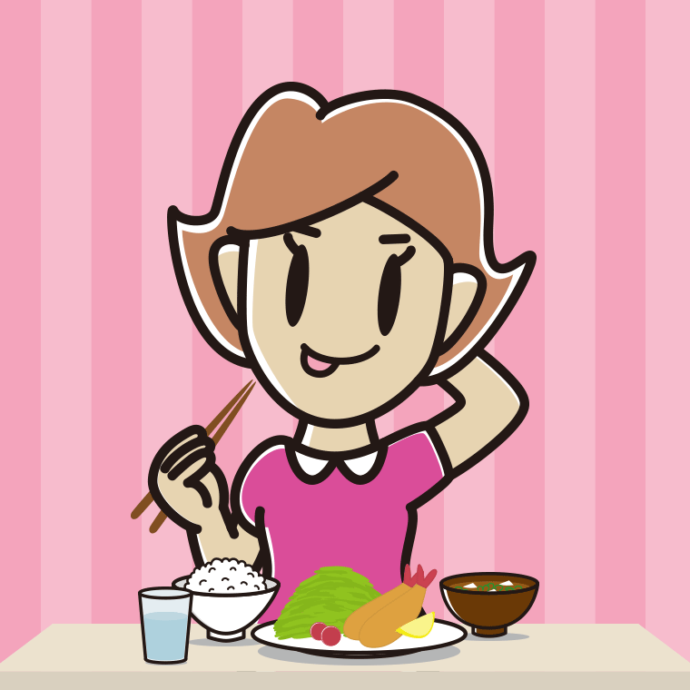 食事中にテヘヘな女性のイラスト【色、背景あり】PNG