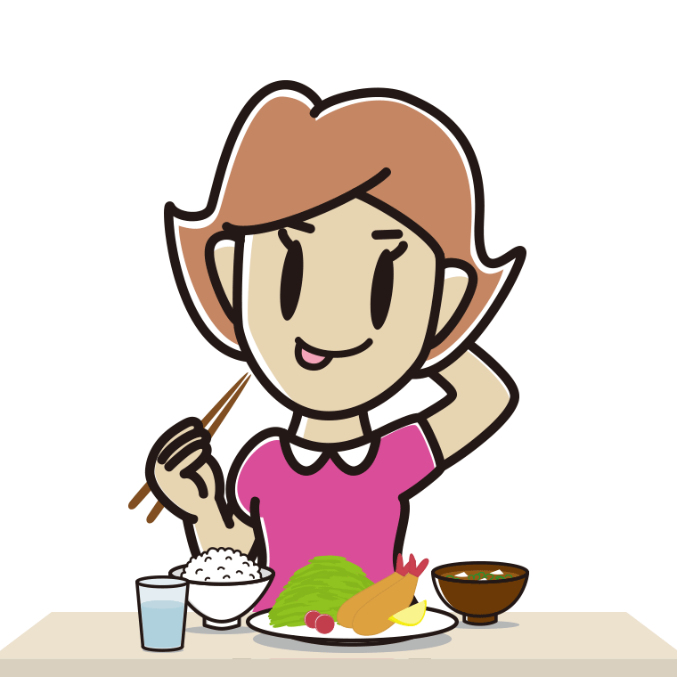 食事中にテヘヘな女性のイラスト【色あり、背景なし】透過PNG