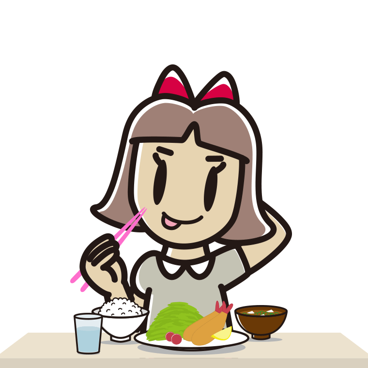 食事中にテヘヘな小学生女子のイラスト【色あり、背景なし】透過PNG