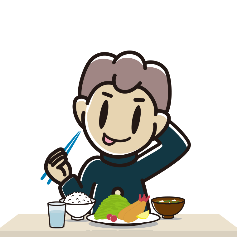 食事中にテヘヘな男子中学生のイラスト【色あり、背景なし】透過PNG