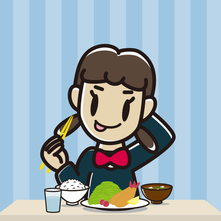 食事中にテヘヘな女子中学生のイラスト【色、背景あり】PNG