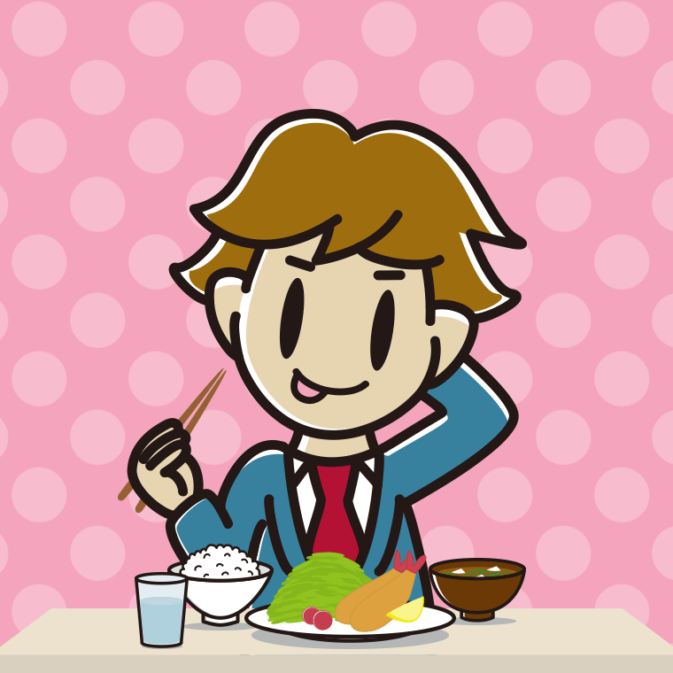 食事中にテヘヘな男子高校生のイラスト【色、背景あり】PNG