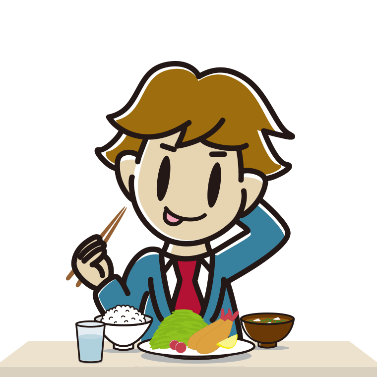 食事中にテヘヘな男子高校生のイラスト【色あり、背景なし】透過PNG