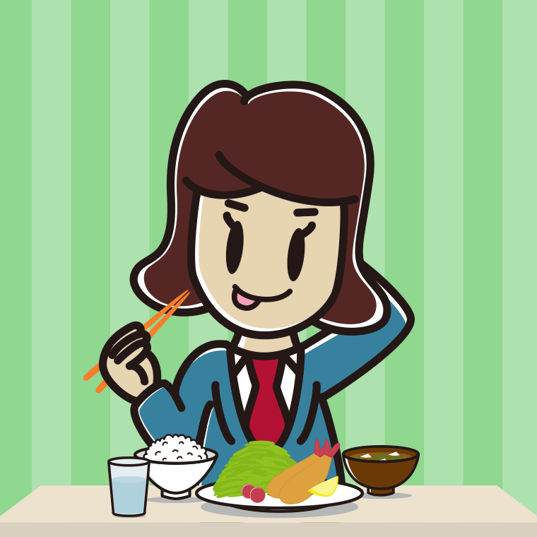 食事中にテヘヘな女子高校生のイラスト【色、背景あり】PNG