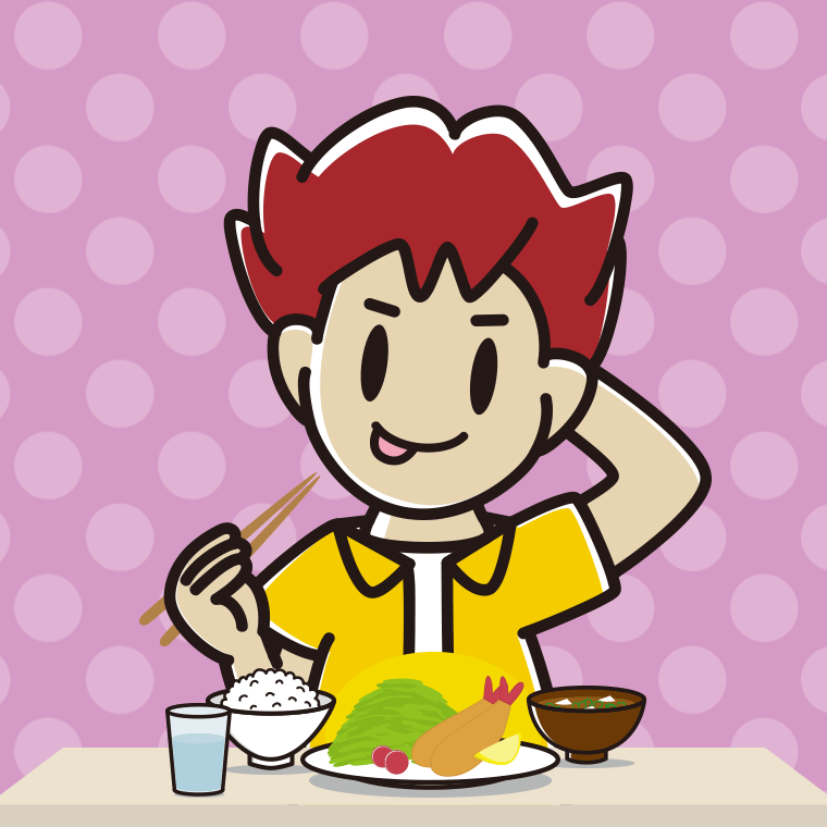 食事中にテヘヘな男子大学生のイラスト【色、背景あり】PNG