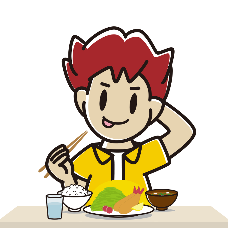 食事中にテヘヘな男子大学生のイラスト【色あり、背景なし】透過PNG
