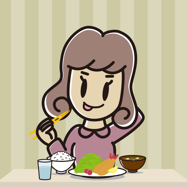 食事中にテヘヘな女子大学生のイラスト【色、背景あり】PNG