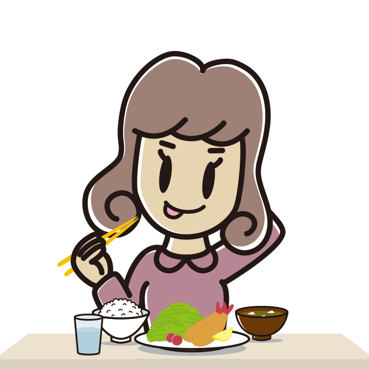 食事中にテヘヘな女子大学生のイラスト【色あり、背景なし】透過PNG