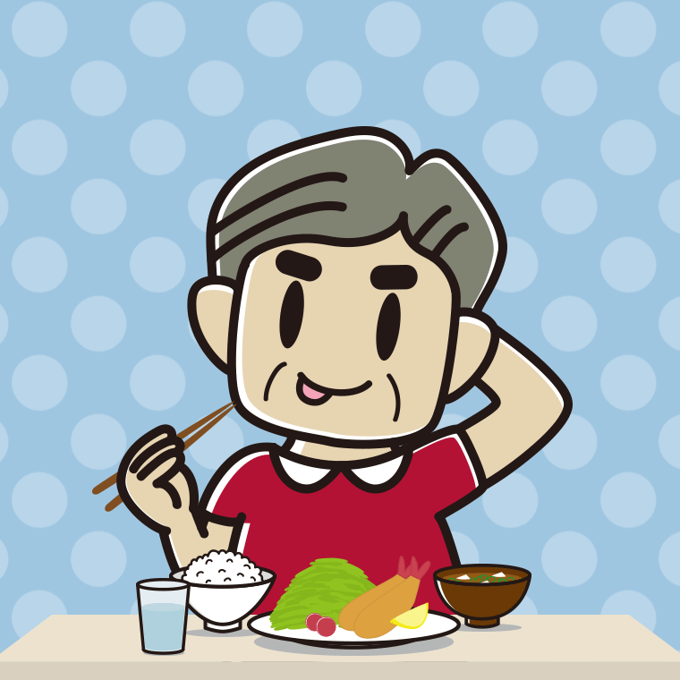 食事中にテヘヘなおじさんのイラスト【色、背景あり】PNG