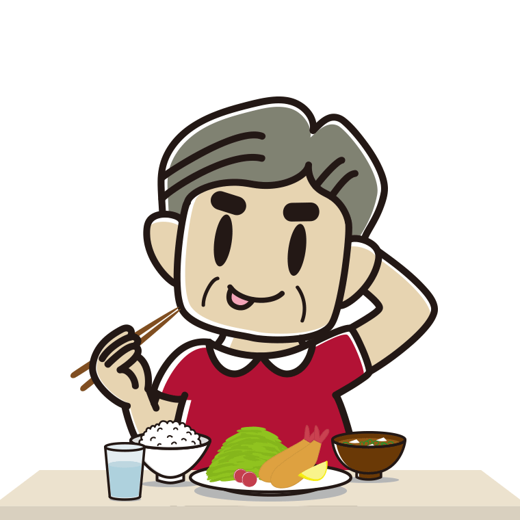食事中にテヘヘなおじさんのイラスト【色あり、背景なし】透過PNG