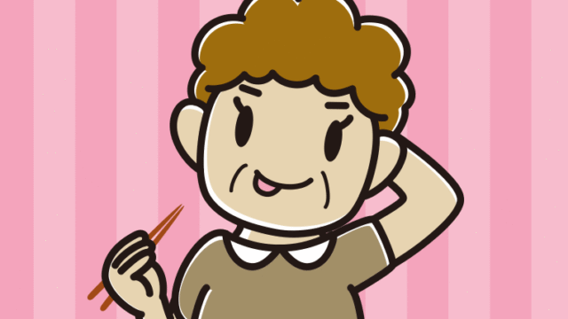 食事中にテヘヘなおばさんのイラスト【色、背景あり】PNG