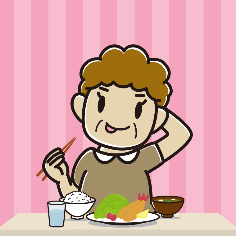 食事中にテヘヘなおばさんのイラスト【色、背景あり】PNG