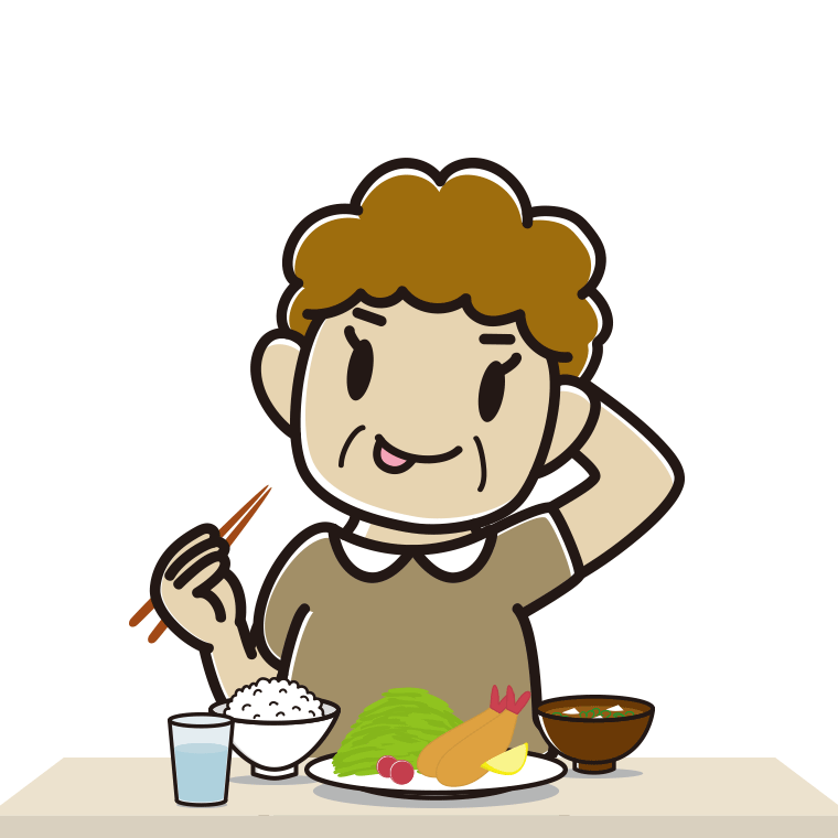 食事中にテヘヘなおばさんのイラスト【色あり、背景なし】透過PNG