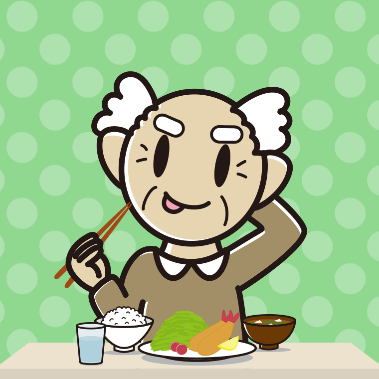 食事中にテヘヘなおじいさんのイラスト【色、背景あり】PNG