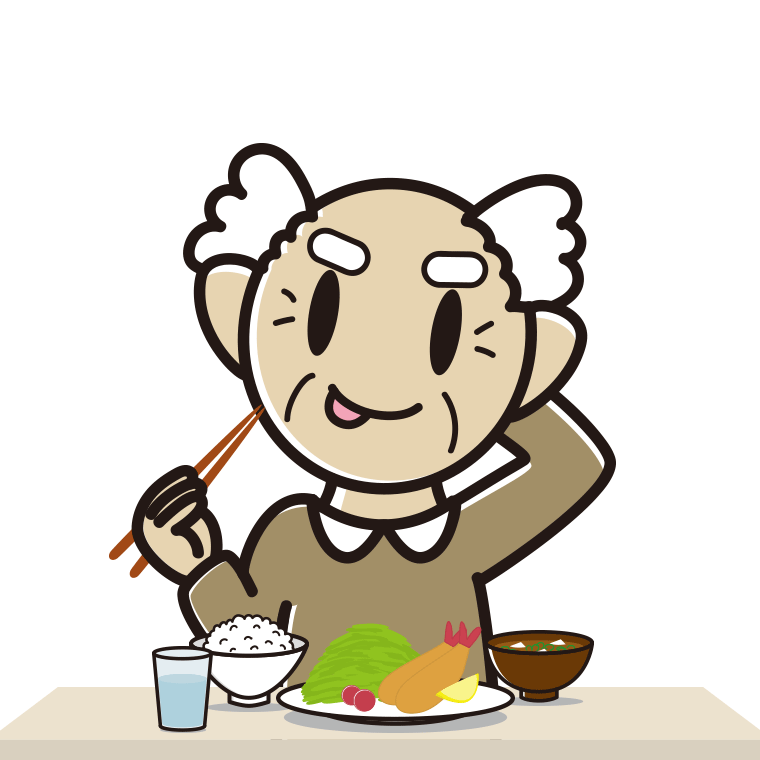 食事中にテヘヘなおじいさんのイラスト【色あり、背景なし】透過PNG