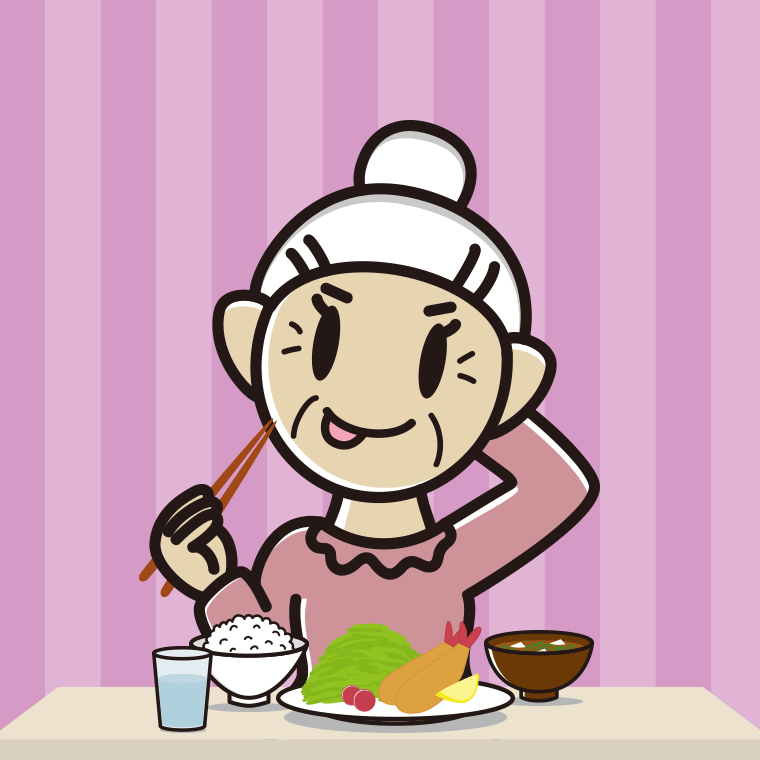 食事中にテヘヘなおばあさんのイラスト【色、背景あり】PNG