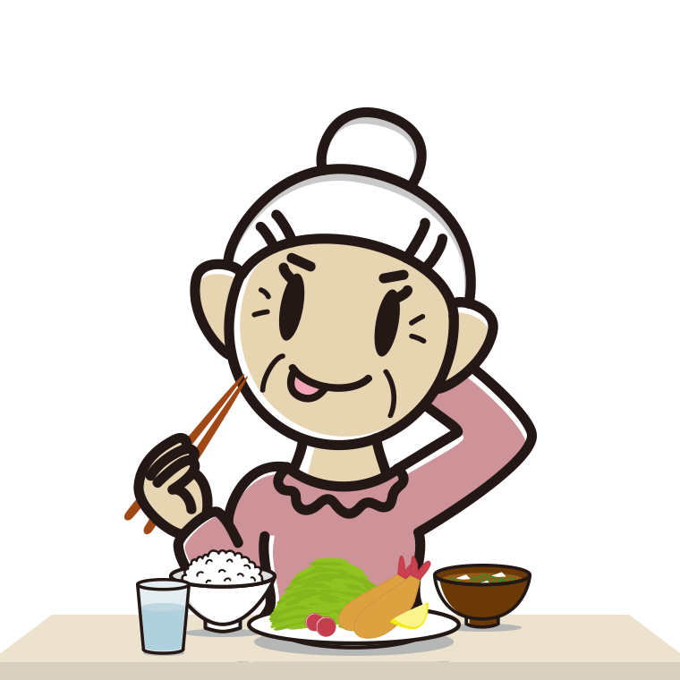食事中にテヘヘなおばあさんのイラスト【色あり、背景なし】透過PNG