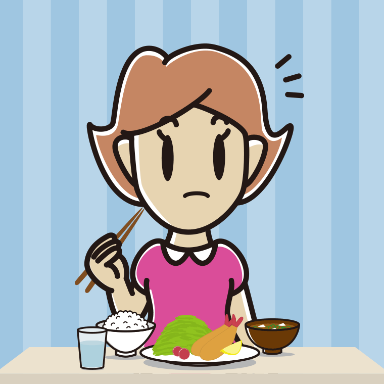 食事中に何かに気付く女性のイラスト【色、背景あり】PNG