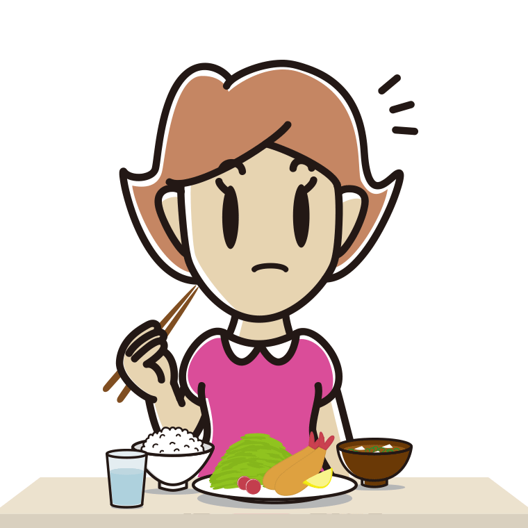 食事中に何かに気付く女性のイラスト【色あり、背景なし】透過PNG