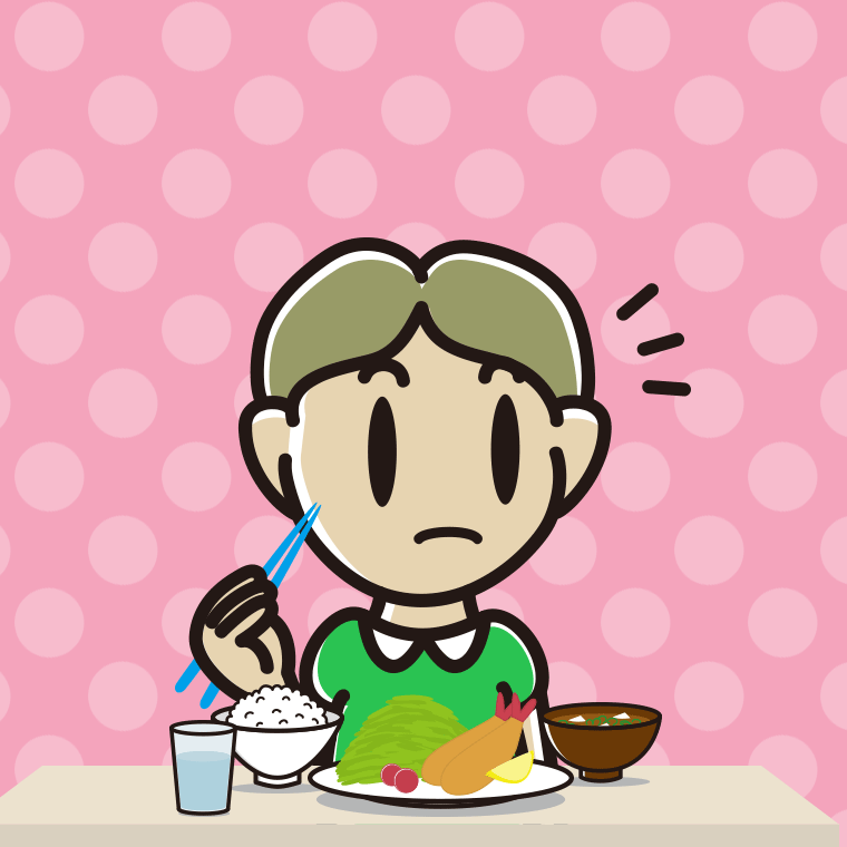 食事中に何かに気付く小学生男子のイラスト【色、背景あり】PNG