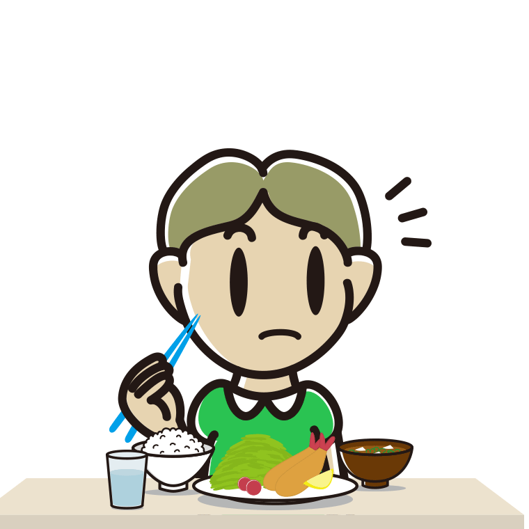 食事中に何かに気付く小学生男子のイラスト【色あり、背景なし】透過PNG