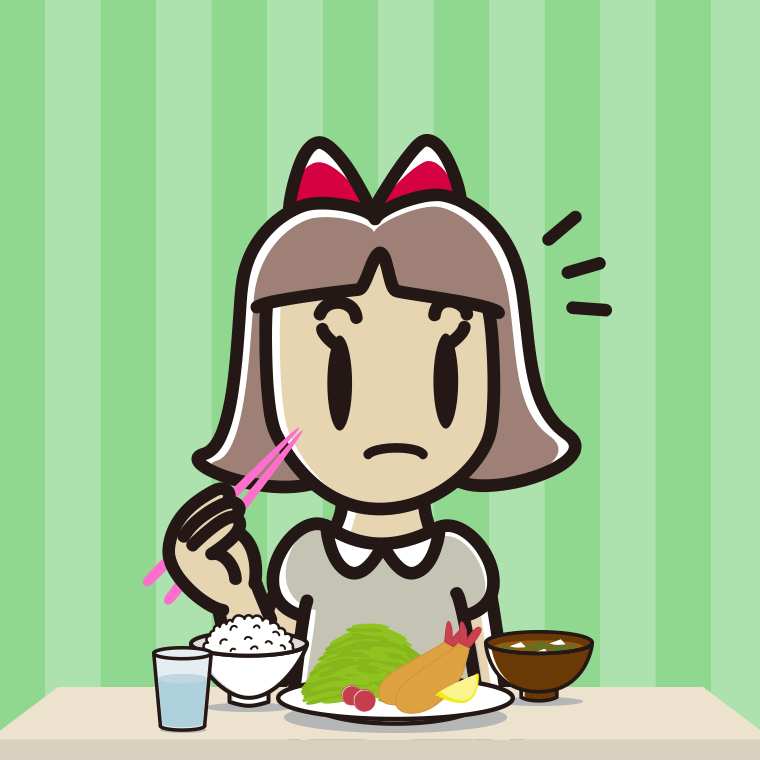 食事中に何かに気付く小学生女子のイラスト【色、背景あり】PNG