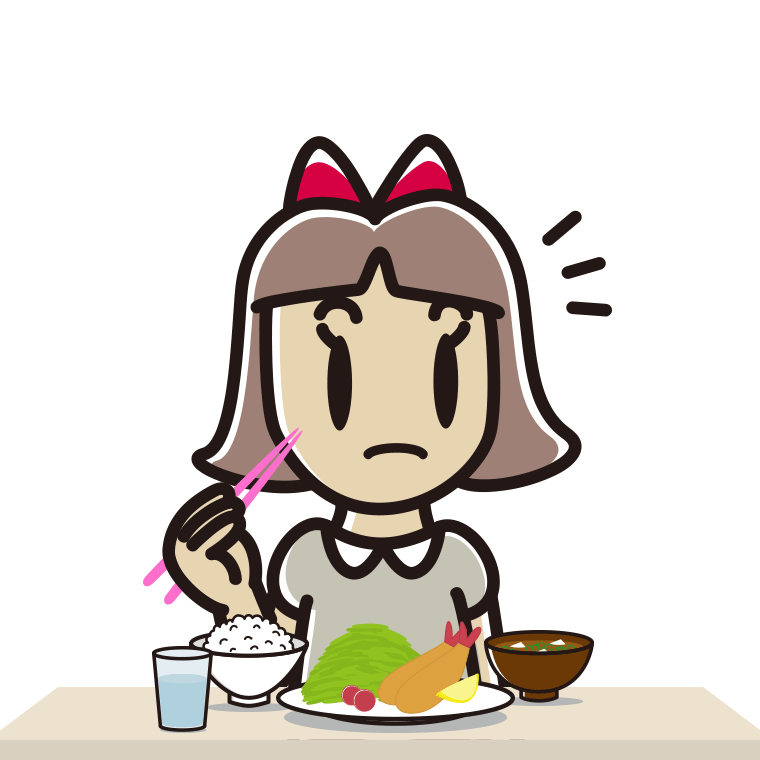 食事中に何かに気付く小学生女子のイラスト【色あり、背景なし】透過PNG