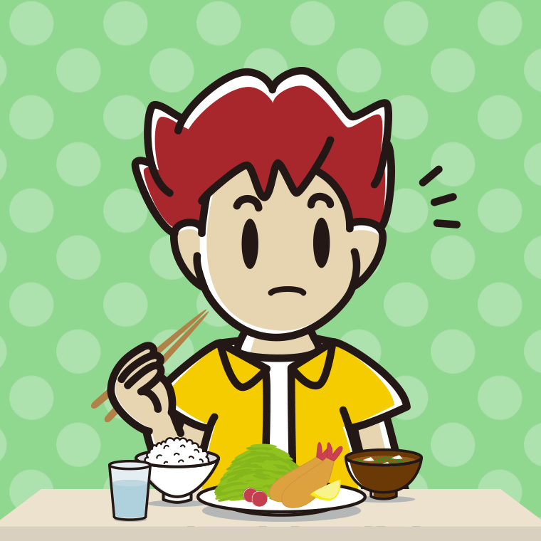 食事中に何かに気付く男子大学生のイラスト【色、背景あり】PNG