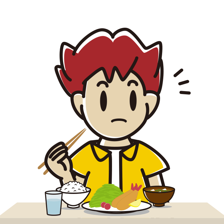 食事中に何かに気付く男子大学生のイラスト【色あり、背景なし】透過PNG