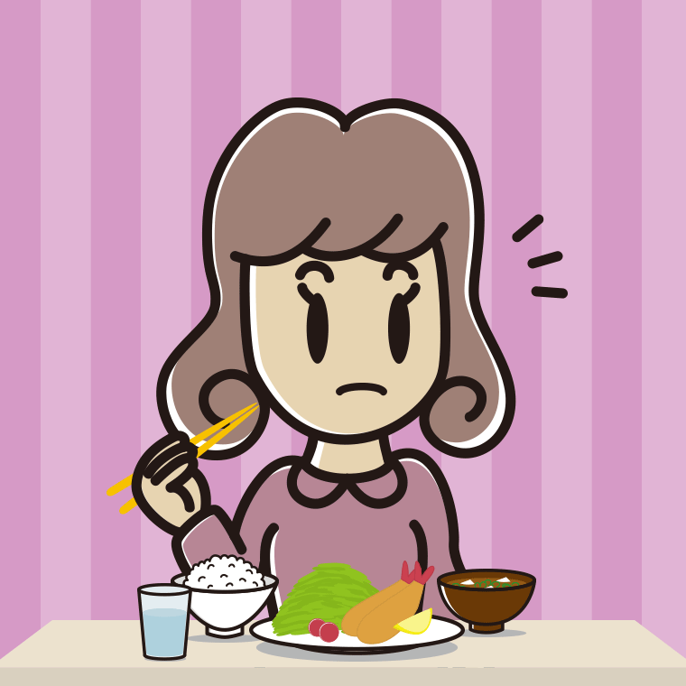 食事中に何かに気付く女子大学生のイラスト【色、背景あり】PNG