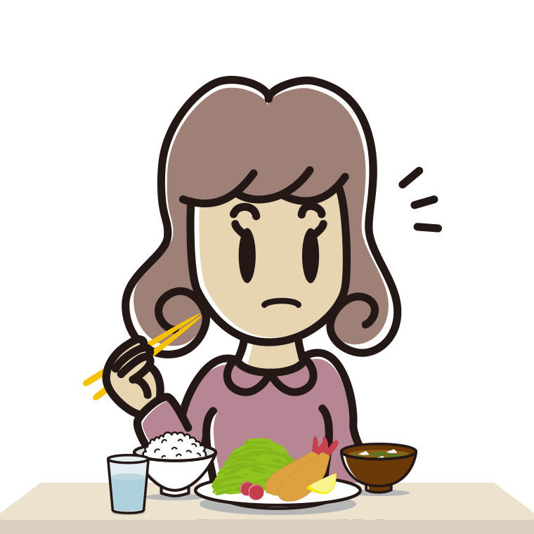 食事中に何かに気付く女子大学生のイラスト【色あり、背景なし】透過PNG