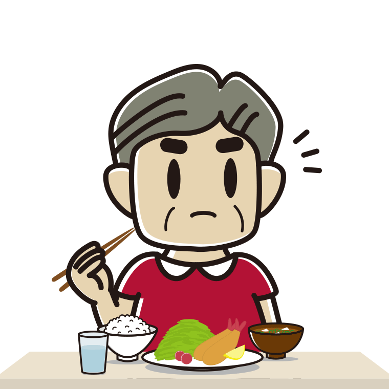食事中に何かに気付くおじさんのイラスト【色あり、背景なし】透過PNG
