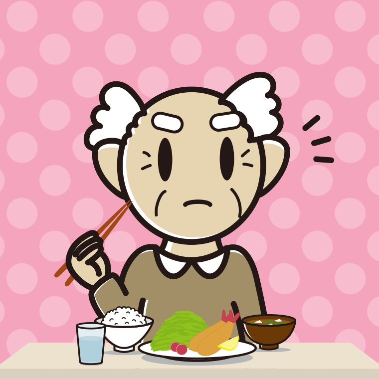 食事中に何かに気付くおじいさんのイラスト【色、背景あり】PNG