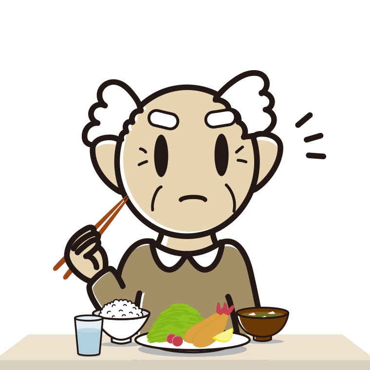 食事中に何かに気付くおじいさんのイラスト【色あり、背景なし】透過PNG
