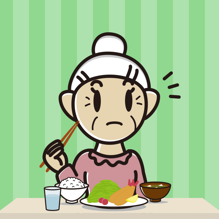 食事中に何かに気付くおばあさんのイラスト【色、背景あり】PNG