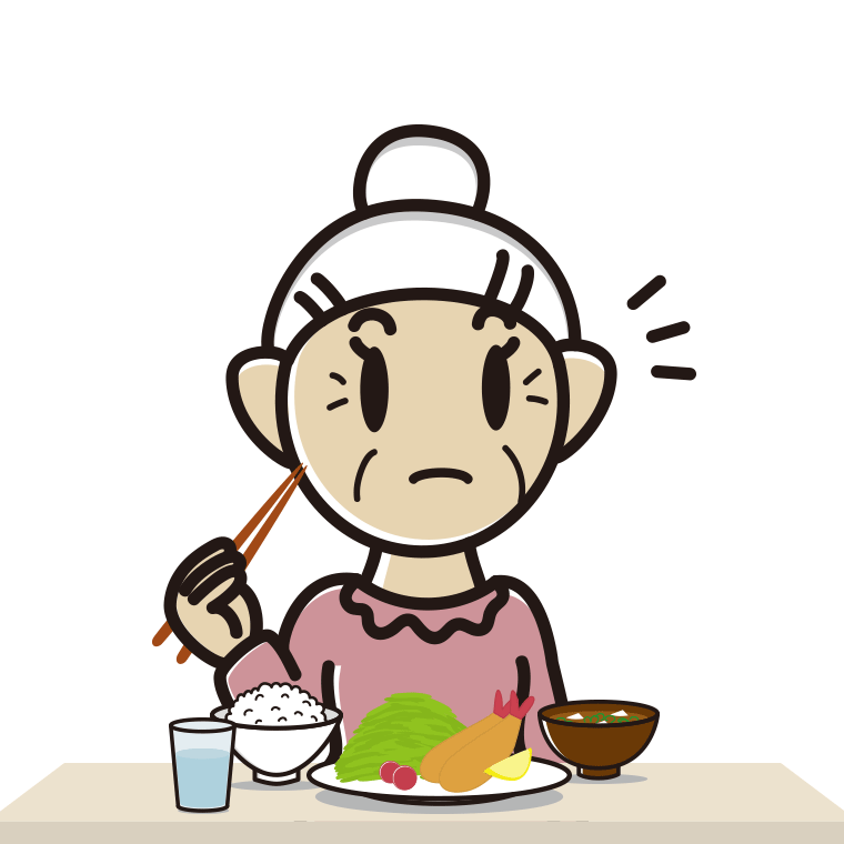 食事中に何かに気付くおばあさんのイラスト【色あり、背景なし】透過PNG